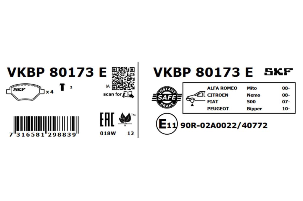 Jeu de 4 plaquettes de frein SKF ref. VKBP 80173 E